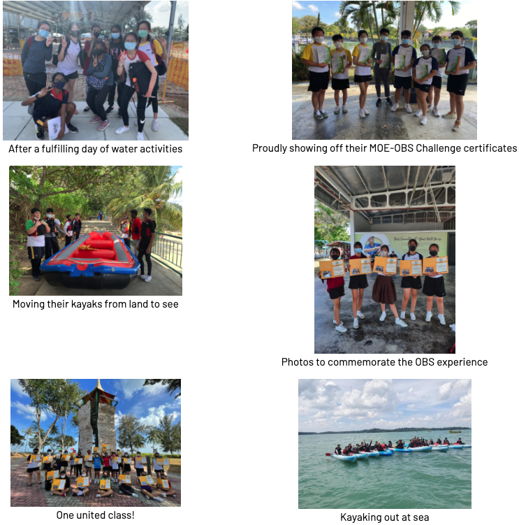 Six photos of students doing outdoor water activities, holding certificates, kayaking at sea, and posing as a group.